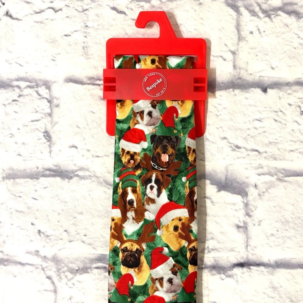 Bespoke Christmas Dogs Holiday Tie Green Christmas Puppies with Santa Hats NWT